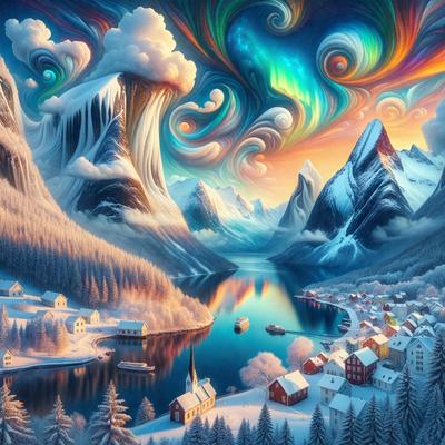 Primary subject: A snowy mountain landscape with a lake and a town.

Setting/background: The background features a snowy mountain range, and the foreground includes a lake and a town with houses and boats.

Visual style: The image is a digital art piece, showcasing a beautiful and serene winter scene.

Colors and mood: The dominant colors are white, blue, and shades of gray, creating a peaceful and tranquil atmosphere.